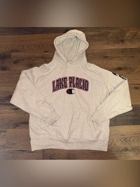 Champion Lake Placid Hoodie in Heather Gray with Navy and Red Logo